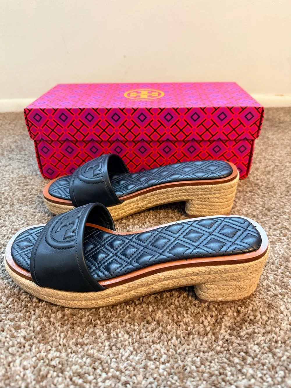 NEW Tory Burch Fleming Stacked Heel sandal jute espadrille slide size 5.5